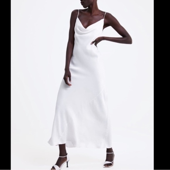 ZARA White Faux Silk Silky Viscose Bias Maxi Slip Dress - Picture 1 of 11